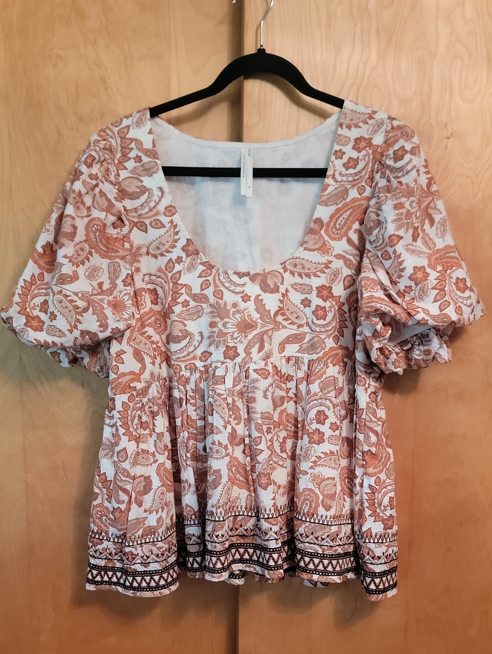 Anthropologie White and Rust Paisley Peasant Blouse